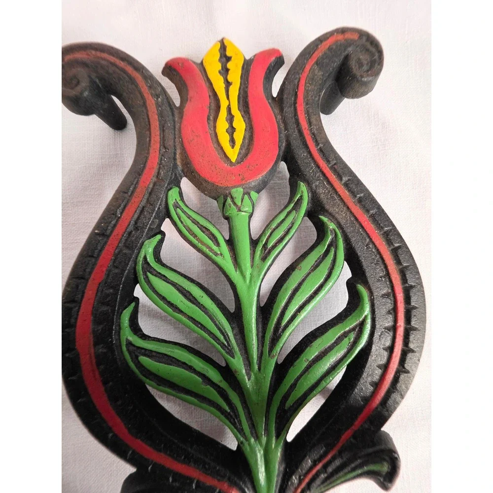 Vintage Cast Iron Tulip Trivet Hand Painted Pennsylvania Dutch Folk Art Red 9in